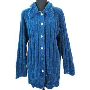 Vintage 90s Chenille Teal Blue Cardigan Carpet Long Small Sweater Boho Whimsy